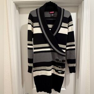 Black and Gray Striped V-Neck Sweater Dress